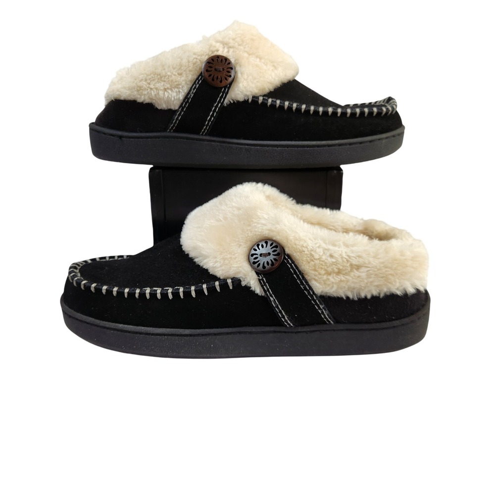 Earth Origins Womens Black Suede Faux Sherpa Fur‎ Lined Moccasin Slippers Size 9